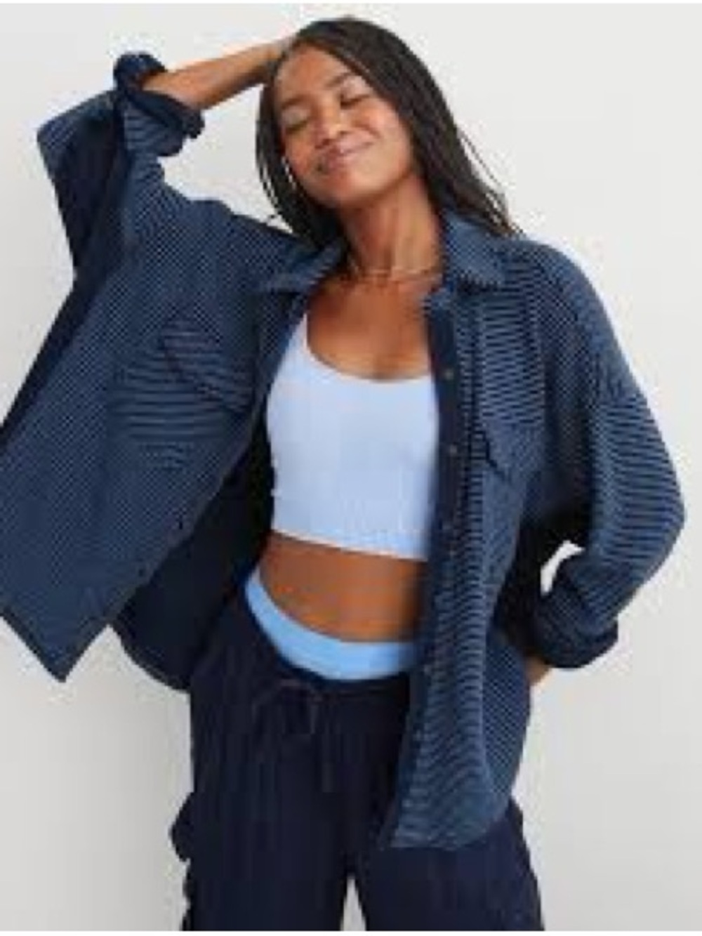 aerie Navy Striped Oversized Jean Jacket
